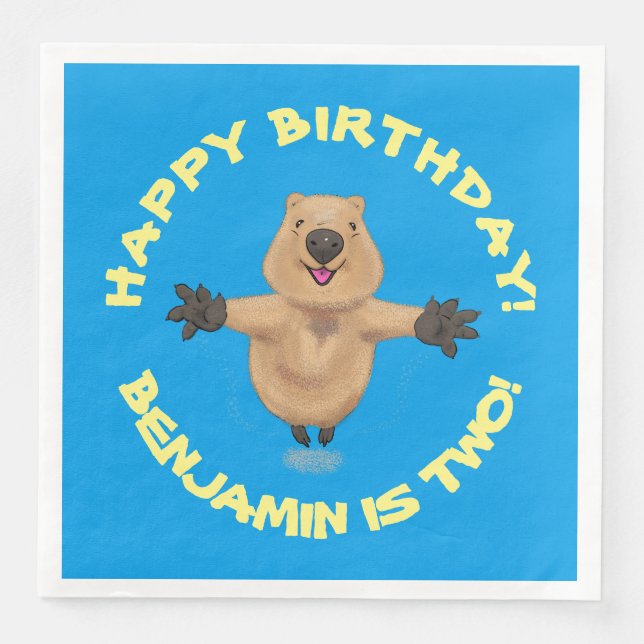 Happy jumping quokka personalised cartoon birthday napkin (Front)