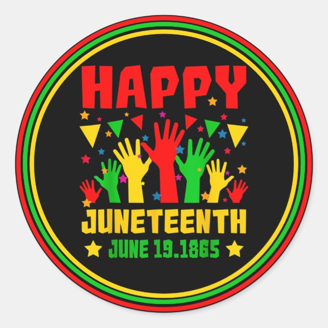 Happy Juneteenth Black Red Green Yellow Hands      Classic Round Sticker (Front)