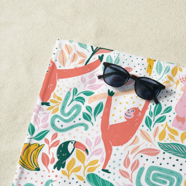 Happy Jungle Animal Pattern Tropical Leaves Beach Towel (In Situ)