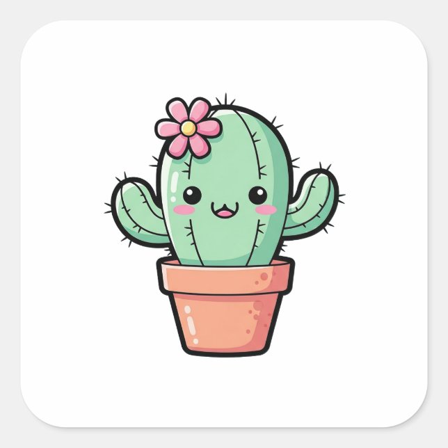 Happy Kawaii Cactus – Cute Illustration Square Sticker (Front)