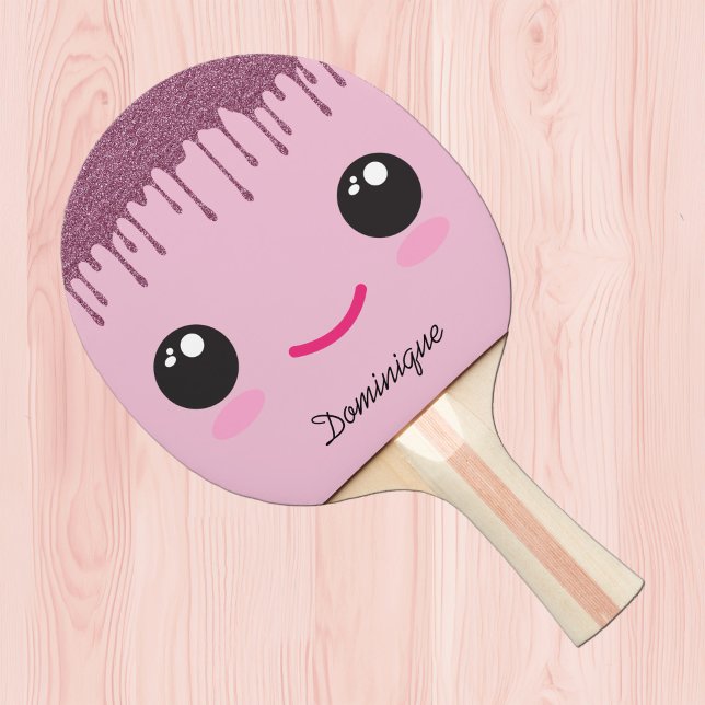 Happy Kawaii Face Faux Glitter Customizable Name  Ping Pong Paddle (Creator Uploaded)