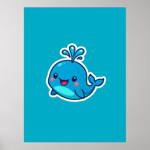 Happy Kawaii Whale Sticker – Cute Ocean Friend Poster
