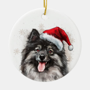 Happy Keeshond Dog Christmas Personalized Ceramic Ornament