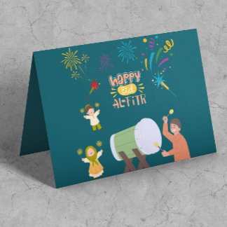 Happy Kids Play Fireworks Celebrate Eid Mubarak Card