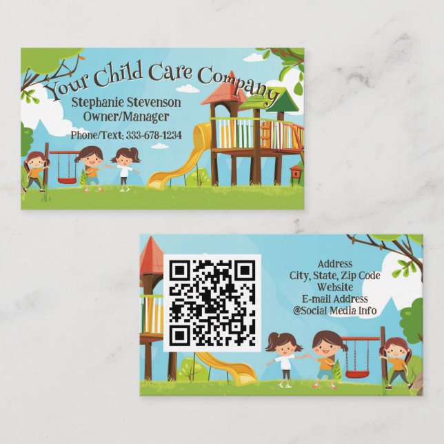 Happy Kids Playground Childcare Daycare QR Code Business Card (Front/Back)