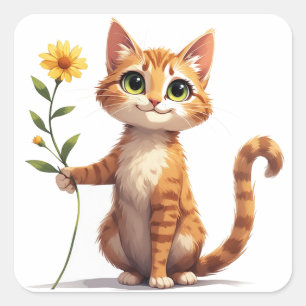 Happy Kitten Holding yellow Flower 🌺 Square Sticker