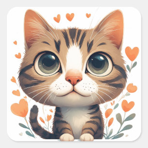 Happy Kitten Surrounded By Hearts And Blooms 🌸 Square Sticker