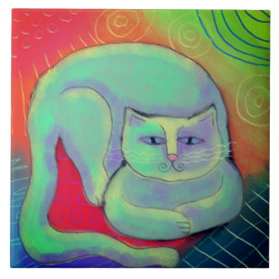 Happy Kitty Abstract Digital Painting Ceramic Tile