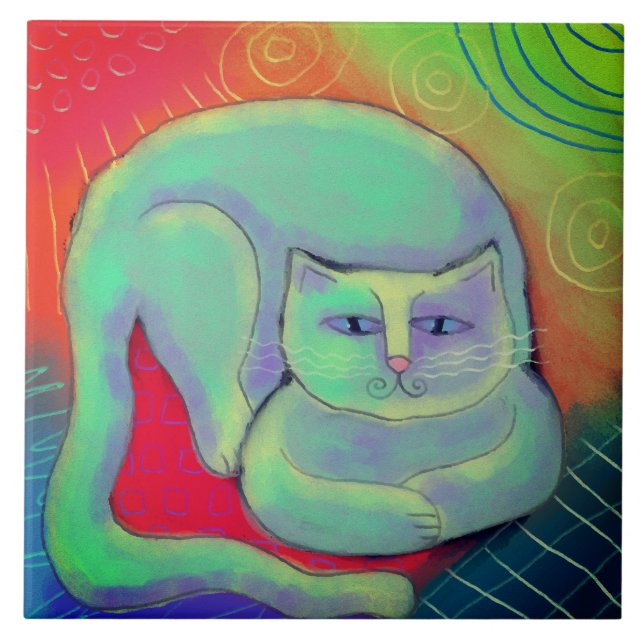 Happy Kitty Abstract Digital Painting Ceramic Tile (Front)