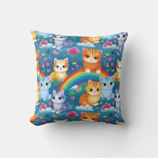 Happy Kitty Cats on Rainbow Clouds Cushion