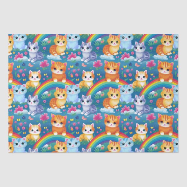 Happy Kitty Cats on Rainbow Clouds Tissue Paper (Front)