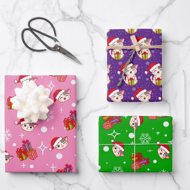 Happy Kitty Christmas Wrapping Paper Set of 3 (Front)