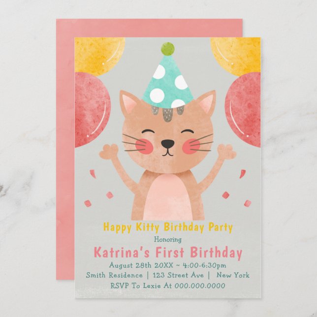 Happy Kitty First Birthday Invitations  (Front/Back)