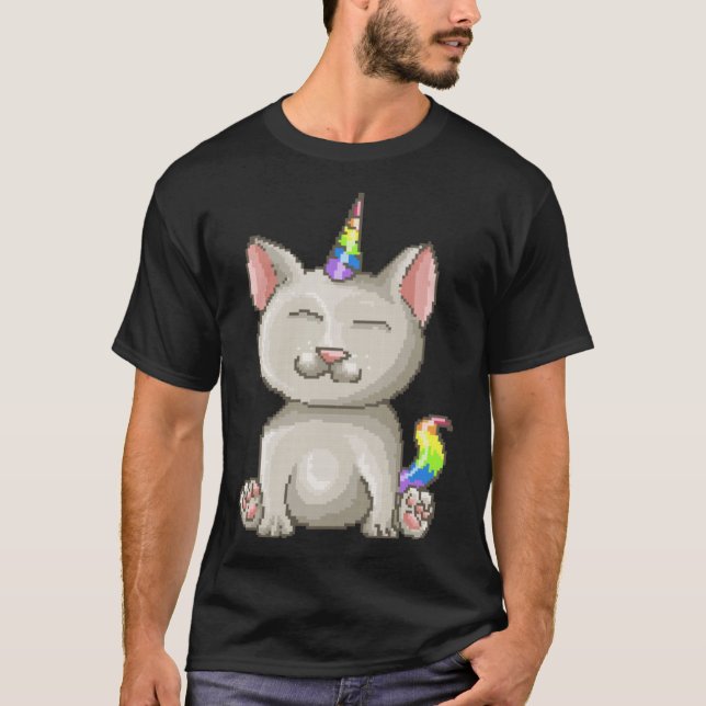 Happy Kitty Pixel Rainbow Cat Unicorn T-Shirt (Front)