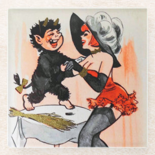 Happy Krampus with Temptress Vintage Christmas Glass Coaster