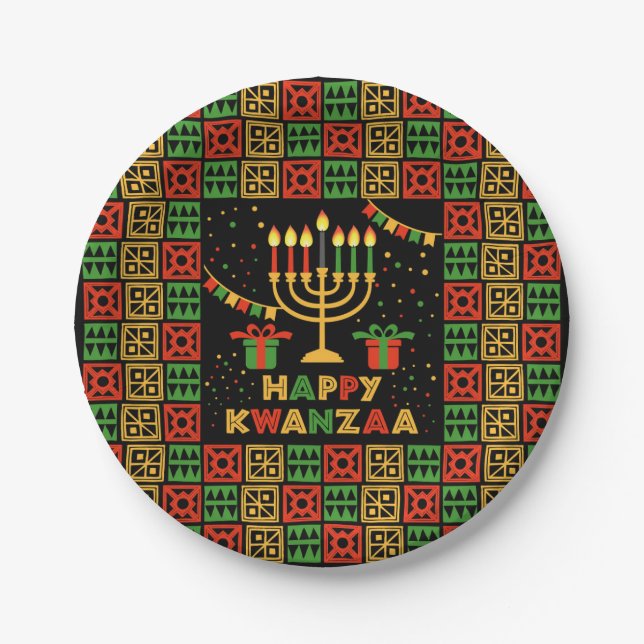 Happy Kwanzaa Candles Red Black Green Yellow 7" Paper Plate (Front)