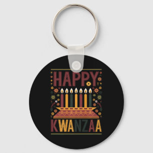 Happy Kwanzaa Celebration Kinara Candles And Flowe Key Ring