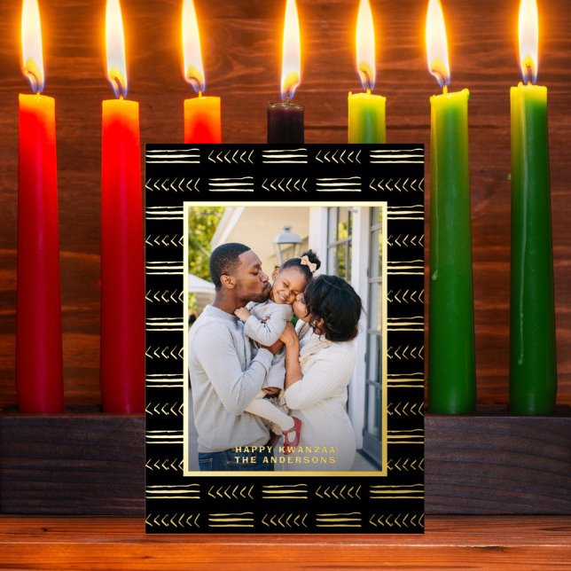 Happy Kwanzaa Modern Mudcloth Photo Black Gold Foil Holiday Card (Creator Uploaded)