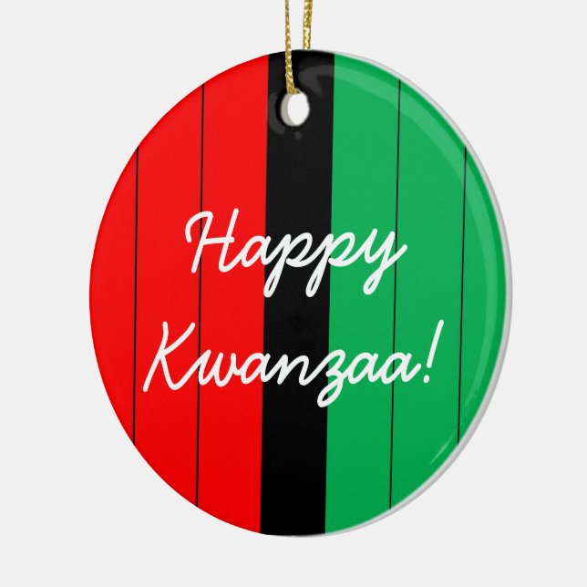Happy Kwanzaa Red Black Green Striped Pattern Ceramic Ornament (Left)