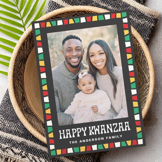 Happy Kwanzaa red green yellow mosaic border photo Holiday Card (Happy Kwanzaa red green yellow mosaic border photo Holiday Card)