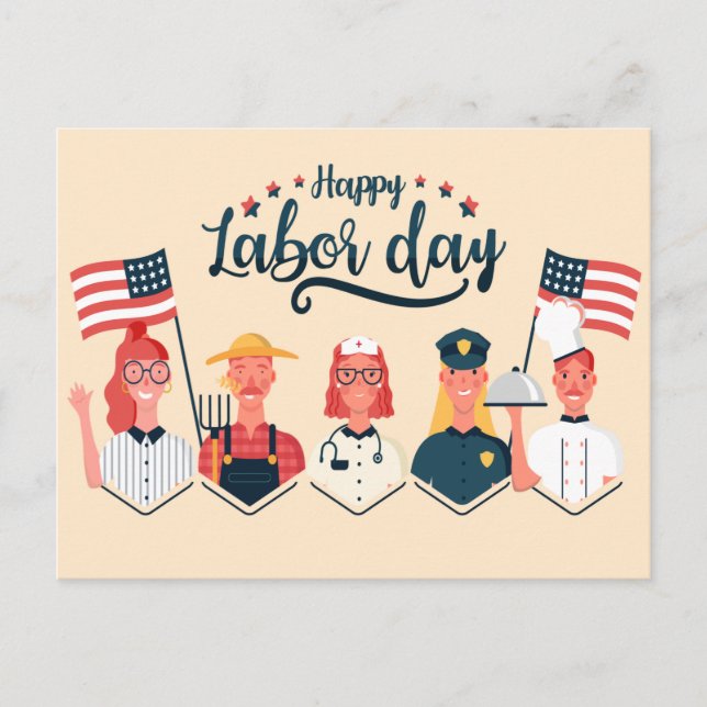 HAPPY LABOR DAY JOBS ILLUSTRATION POSTCARD (Front)