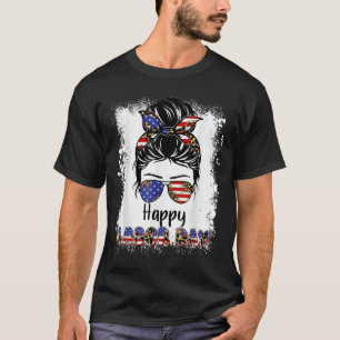 Happy Labor Day Messy Bun Women Usa Flag  T-Shirt