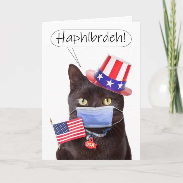Happy Labour Day Cat Talking Through Face Mask Holiday Card (Front)
