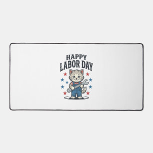 Happy Labour Day Cat Worker Patriotic Vintage Desi Desk Mat