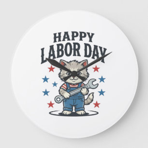 Happy Labour Day Cat Worker Patriotic Vintage Desi Large Clock
