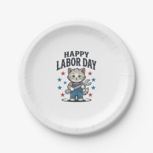 Happy Labour Day Cat Worker Patriotic Vintage Desi Paper Plate