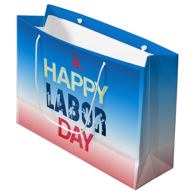 Happy Labour Day In Red White Blue Large Gift Bag (Front Angled)