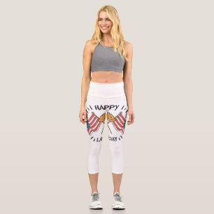 Happy Labour Day Patriotic American Flag Construct Capri Leggings