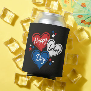 Happy Labour Day Patriotic Hearts Red White Blue Can Cooler