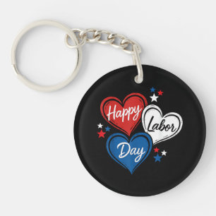 Happy Labour Day Patriotic Hearts Red White Blue M Key Ring