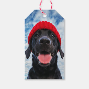 Happy Labrador in a Red Beanie Under a Blue Sky Gift Tags