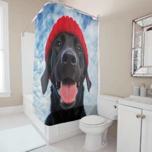 Happy Labrador in a Red Beanie Under a Blue Sky Shower Curtain