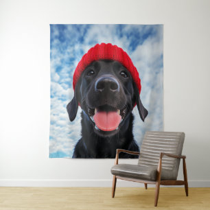 Happy Labrador in a Red Beanie Under a Blue Sky Tapestry