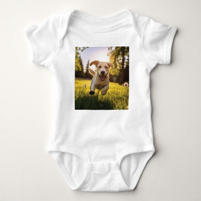 Happy Labrador Puppy Running  Baby Bodysuit (Front)