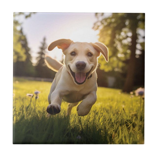 Happy Labrador Puppy Running  Ceramic Tile (Front)