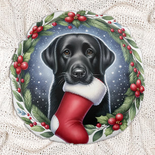 Happy Labrador Retriever Christmas Wreath Dog  Round Cushion