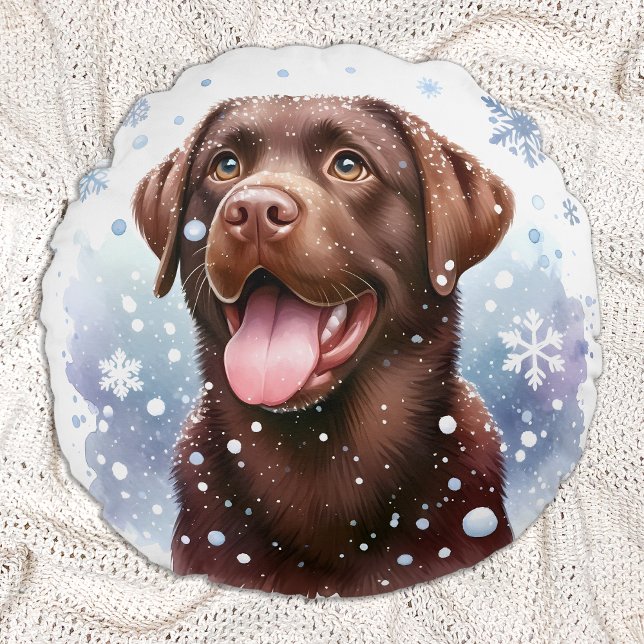 Happy Labrador Retriever Puppy Dog Snow Christmas  Round Cushion (Creator Uploaded)