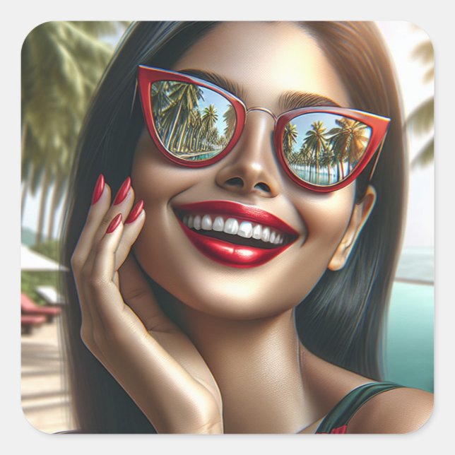 Happy Lady in a Tropical Paradise Square Sticker (Front)