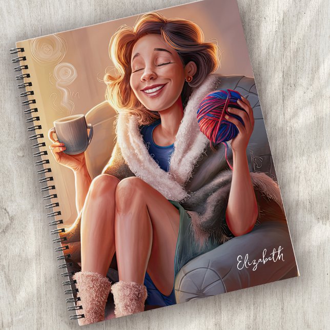 Happy Lady with Yarn and Coffee Notebook (Creator Uploaded)
