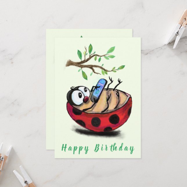 Happy Ladybug with Phone Funny Birthday Card (Front/Back In Situ)