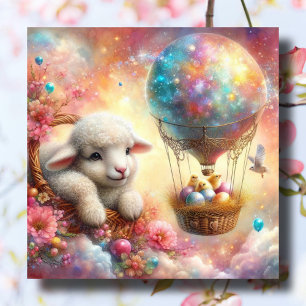 Happy Lamb Cute Baby Chicks Hot Air Balloon Easter Holiday Card