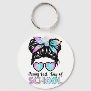 Happy Last Day Of School Teacher Girls Messy Bun Key Ring