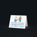 Happy LATKE-days Chanukah Card<br><div class="desc">Chanukah card wishes Happy Happy Happy (x8) LATKE-day. A pair of children in holiday dress and carrying symbols of the holiday decorate the front of the card. Inside,  the customisable greeting reads: May your dreidel always come up gimmel. Fully customisable and personalizable.</div>