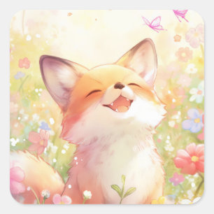 Happy Laughing Red Fox in Wildflower Meadow Square Sticker