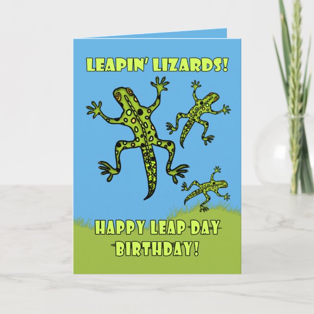 Happy Leap Day Birthday! Leaping Lizards Card (Front)
