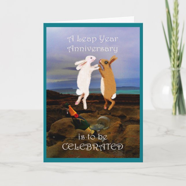 Happy Leap Year Anniversary, Two Bunnies jumping Card (Front)